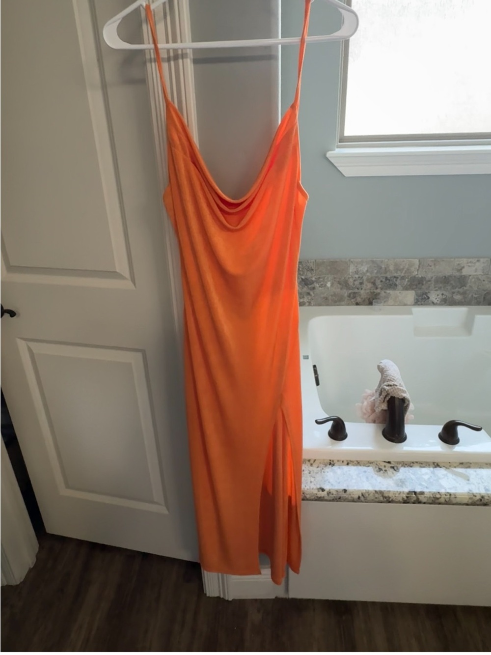 Orange Cowl Neck Midi Dress with Side Slit